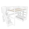 A white bunk bed with stairs, a desk, and shelves, shown against a white background. Produktbild-Vorschau