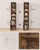 A collage showing two tall, narrow bookshelves with different items on display, along with close-ups of shelf dimensions and material. Náhled obrázku produktu