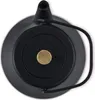 Top-down view of a black cast iron teapot with a gold knob on the lid and a black wire handle. Voir les images du produit