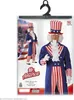 Product packaging for a Mr. America costume, showing a model wearing the costume and a smaller image of the costume on a background with the American flag and city skyline. Produktbild-Vorschau