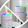 A collage of two images showing a white humidifier with a colorful LED light and mist emitting from the top. Produktbild-Vorschau