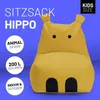 A yellow hippo-shaped beanbag chair for children, with text overlays describing its features. Podgląd zdjęcia produktu