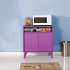 A purple cabinet with a microwave and fruit on top, set against a blue wall. Voir les images du produit