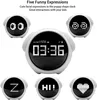 A collage of a digital alarm clock with different expressions displayed on its screen. Produktbild-Vorschau