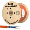 A spool of orange CAT.7 network cable and a close-up of the cable's internal wires. Produktbild-Vorschau