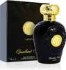 A black perfume bottle with a gold cap and gold accents, placed next to its black and gold packaging. Podgląd zdjęcia produktu