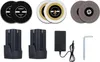 A collection of power tool accessories and components, including cutting discs, grinding discs, batteries, a charger, and an Allen wrench, arranged on a white background. Náhled obrázku produktu