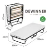 A folded and unfolded portable bed with dimensions shown. Voir les images du produit