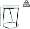 A white round stool with a chrome-plated metal frame, shown in a studio setting with a white background. Dimensions and weight capacity are indicated. Produktbild-Vorschau