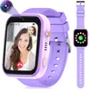 A smartwatch is shown in a video call with two people, one adult and one child. The smartwatch is purple and has a pink accent. The image also shows a separate view of the smartwatch face with app icons. Produktbild-Vorschau