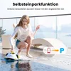 A woman is kneeling by a pool, holding a rope attached to a pool cleaning robot that is partially in the water. There is a lounge chair and a railing in the background. Anteprima dell’immagine prodotto