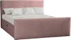 A pink upholstered bed frame with a headboard and footboard, shown with white bedding and pillows. Produktbild-Vorschau