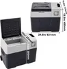 Two views of a portable car refrigerator with dimensions labeled. Produktbild-Vorschau