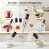 A collage of images showing a hand blender and its various attachments in use, with text overlays describing its functions. Produktbild-Vorschau