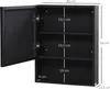 A black medicine cabinet with the door open, showing dimensions and shelf spacing. Náhled obrázku produktu