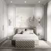 A bedroom scene with a bed, nightstands, and a mural on the wall. Produktbild-Vorschau
