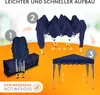 An instructional graphic showing the three steps to set up a navy blue pop-up canopy tent. Produktbild-Vorschau