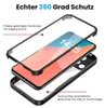 An exploded view of a phone case, showing its three parts: the front cover with screen protector, the phone, and the back cover. Produktbild-Vorschau