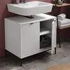 A white bathroom vanity with a sink above it, set against a red wall. Produktbild-Vorschau