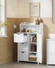 A white bathroom cabinet with drawers and doors is shown in a bathroom setting with tan tiled walls. Produktbild-Vorschau