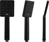 Three views of a black square shower head with a handle, presented against a white background. Produktbild-Vorschau