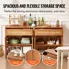 A wooden cabinet with various kitchen items and bottles displayed on it and inside its compartments. Insets highlight specific features of the cabinet. Anteprima dell’immagine prodotto