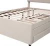 A close-up view of a bed frame with a slatted base and three drawers. Produktbild-Vorschau