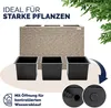 A planter box with three inner pots, shown with text highlighting its suitability for strong plants and a feature for controlled water drainage. Voir les images du produit