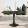 A dark oval dining table with a pedestal base is set in a room with a large window overlooking trees. Náhled obrázku produktu