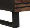 A close-up view of the corner of a wooden furniture piece with black metal legs. Voir les images du produit