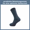 A single sock is shown against a white background, with a text overlay describing its features. Produktbild-Vorschau