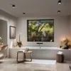 A modern bathroom with a large window overlooking a garden, featuring a freestanding bathtub and various decorative elements. Produktbild-Vorschau