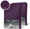 Two packaged fitted sheets in a deep purple color, with a close-up inset showing the fabric texture labeled 'Jersey'. Produktbild-Vorschau