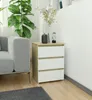 A modern living room with a grey sofa and a wooden and white nightstand. Produktbild-Vorschau