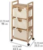 A wooden laundry cart with three fabric baskets, shown with dimensions indicated by text and lines. Podgląd zdjęcia produktu