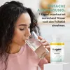 A woman drinks water while a bottle of Augen+ capsules is placed next to her. Produktbild-Vorschau