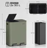 A product shot of a green dual-compartment trash can with dimensions shown. Náhľad obrázku produktu