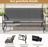 A gray three-seater garden bench with wooden armrests is shown on a patio, with close-up insets highlighting its features. Produktbild-Vorschau