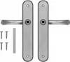 A pair of silver door handles with screws and a metal bar on a white background. Produktbild-Vorschau