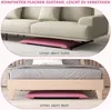 The image shows a pink floor cushion stored under a sofa and under a bed, demonstrating its compact and flat storage capability. Produktbild-Vorschau