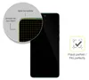 A close-up view of a smartphone screen protector applied to a phone, with text and graphics highlighting its features. Produktbild-Vorschau