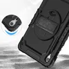 Close-up view of a black tablet case with a stand and strap on the back, with a magnified inset showing a corner with a camera lens and protective features. Produktbild-Vorschau