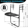 A diagram showing a black balcony hanging table with dimensions and features. Produktbild-Vorschau
