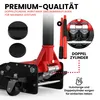 A close-up view of a hydraulic car jack with text overlays highlighting its features. Produktbild-Vorschau