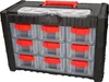 A black and red parts organizer with multiple clear drawers. Produktbild-Vorschau