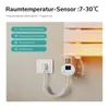 A close-up of a white electric towel radiator with a digital thermostat attached, showing its temperature display and control buttons, along with a wall socket and plug. Produktbild-Vorschau