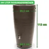 A brown rain barrel with dimensions and capacity indicated by text overlays. Produktbild-Vorschau