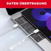 A close-up shot of a white USB-C cable plugged into a laptop keyboard, with icons representing data transfer. Produktbild-Vorschau
