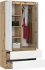 A wardrobe with two doors and two drawers, showing its interior with shelves and hanging clothes. Podgląd zdjęcia produktu