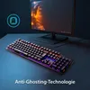 A gaming keyboard and monitor are displayed on a desk, with a logo and text highlighting a feature. Produktbild-Vorschau